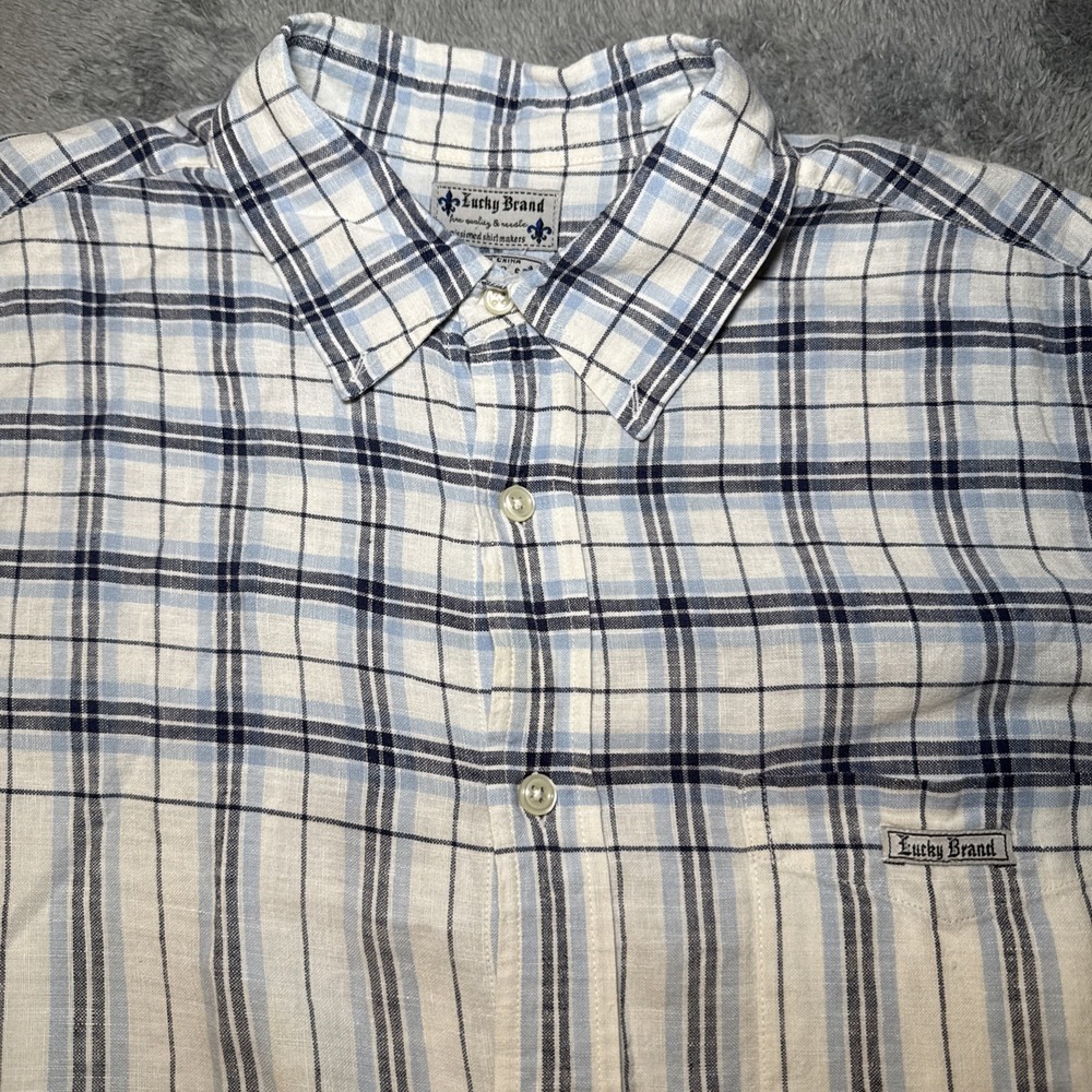 Lucky Brand Mens L 100%  Linen Western Shirt Button Down Short Sleeve Blue Plaid